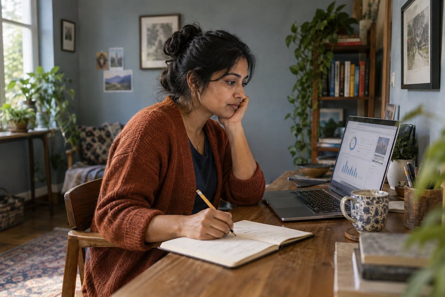 A woman reviewing laptop charts and making notes in a quiet home office.