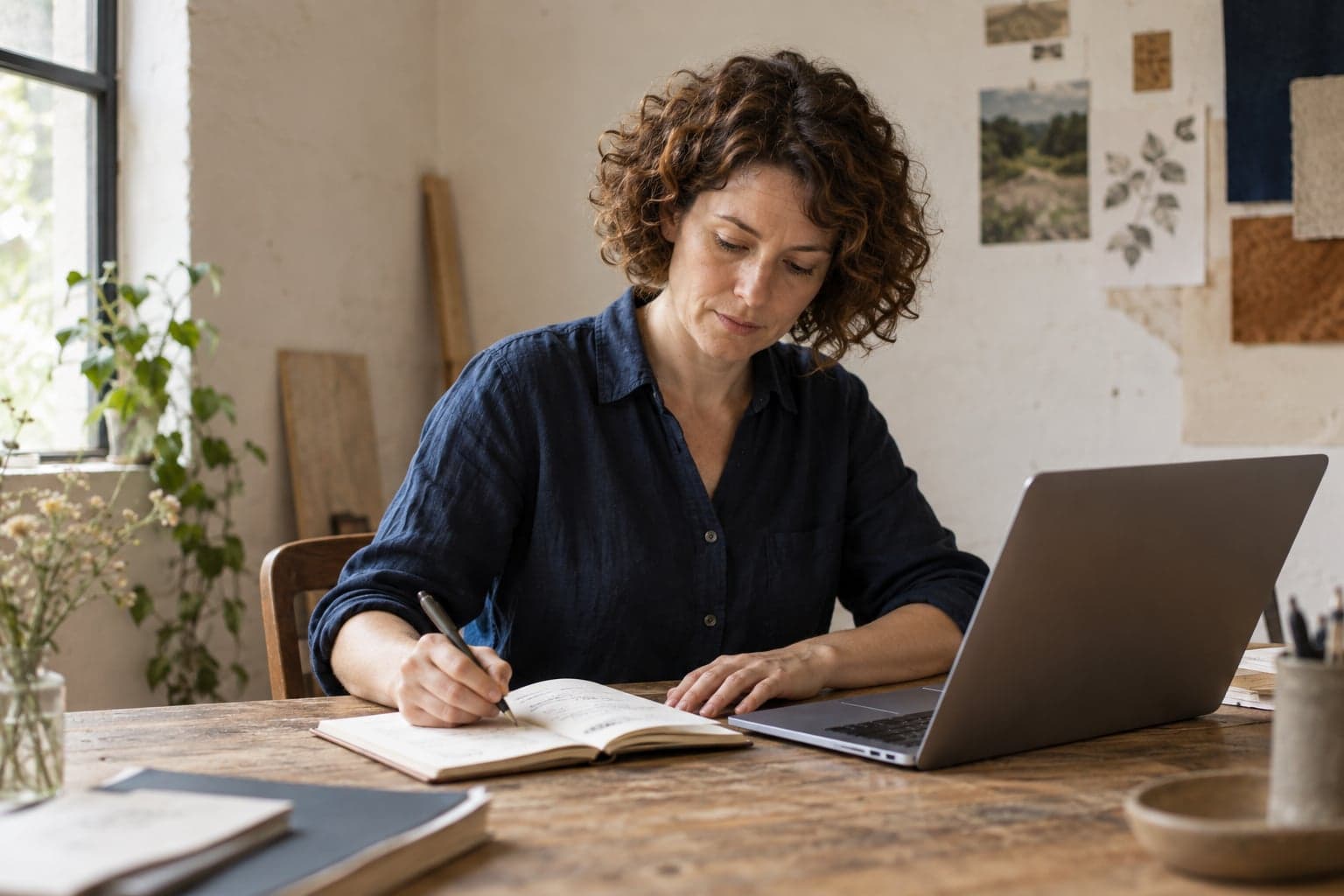 A woman drafting lesson notes beside a laptop at a wooden desk.