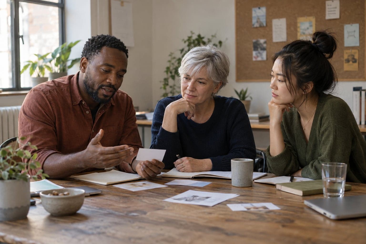 Three colleagues work through paper scenario cards at a wooden table.