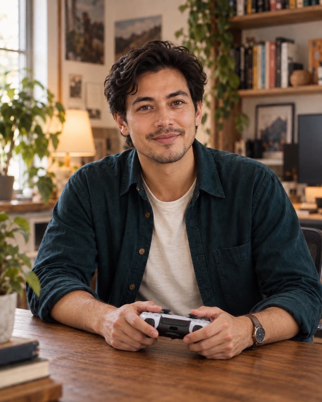 A gaming creator looks directly at the camera while holding a controller in his home studio.