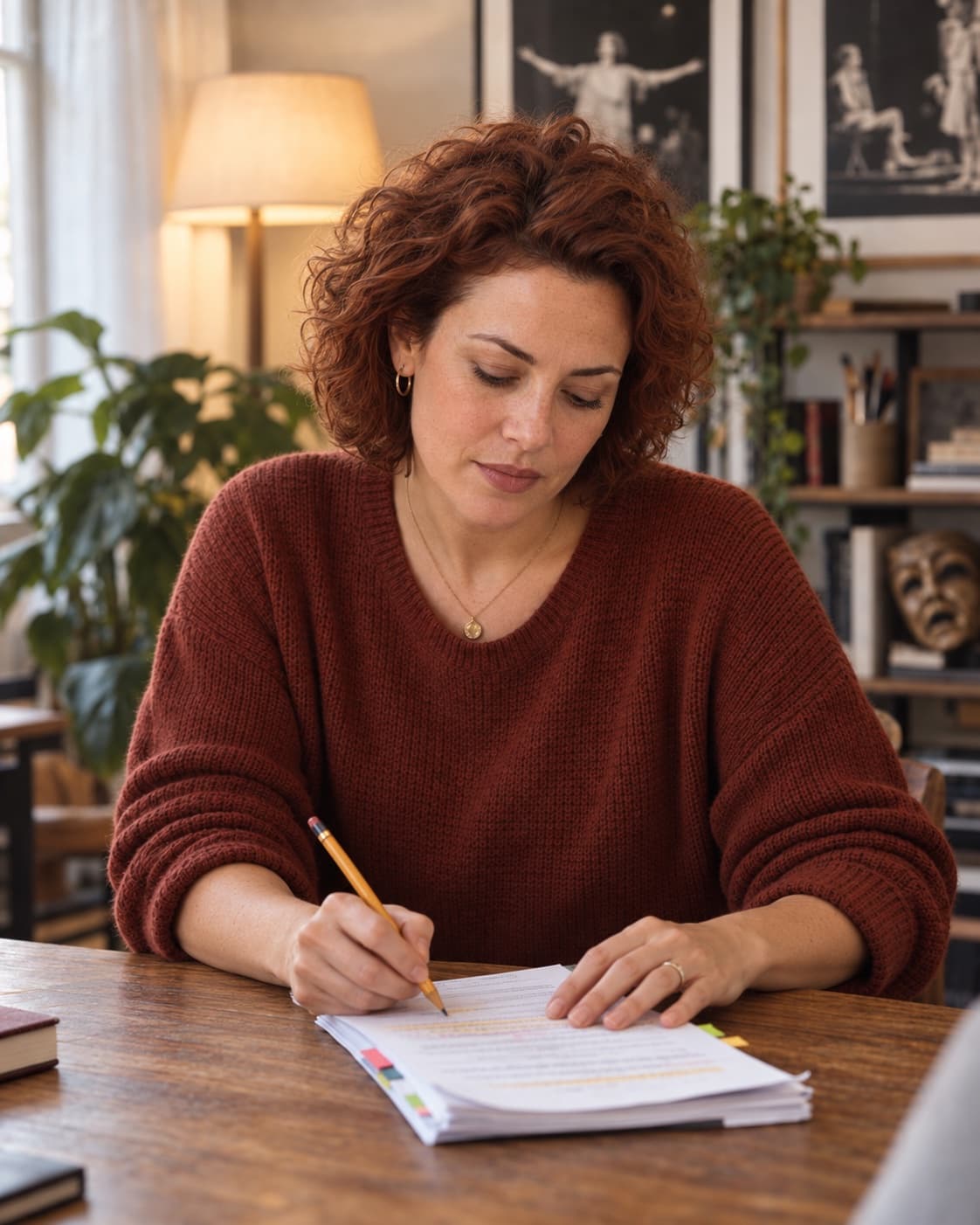 An acting coach looks down as she marks a rehearsal script in a warm studio.
