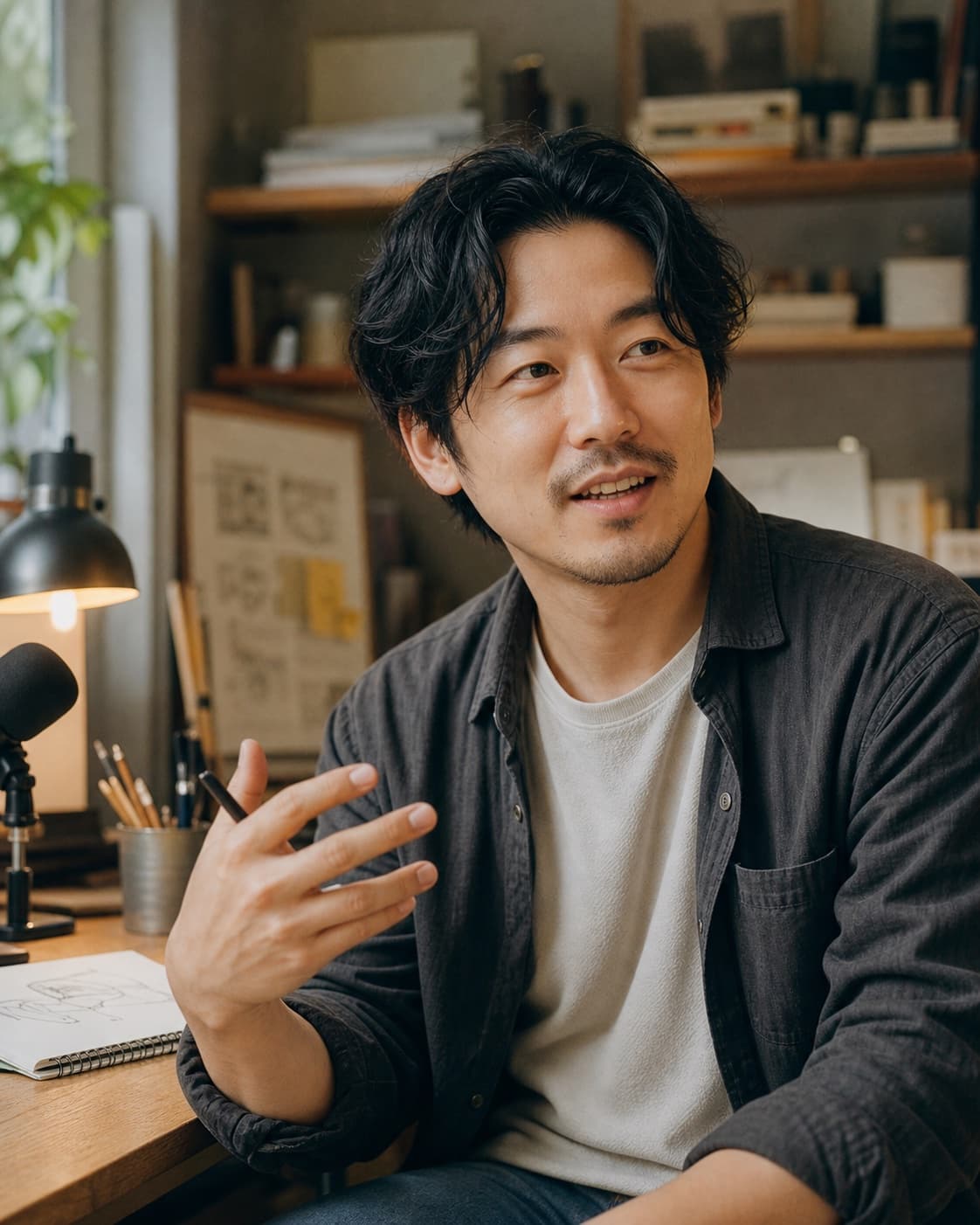 Daniel, a UX/UI designer, explains an idea from his warm home studio.