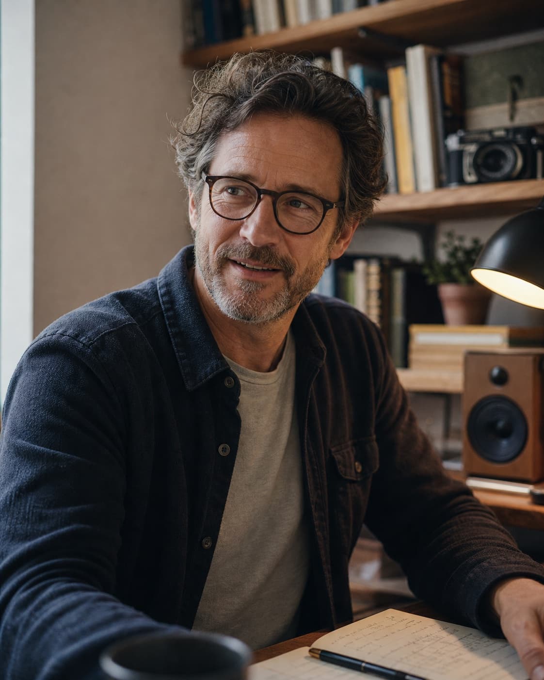 David, a business consultant, talks from his book-lined home studio.