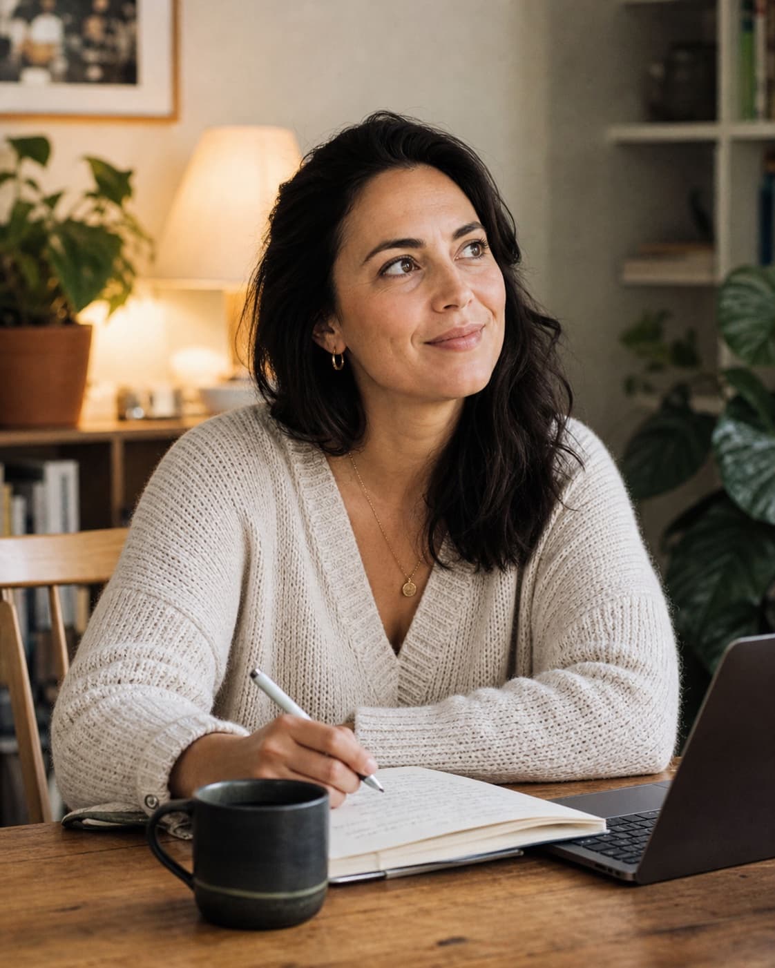 Hannah, a personal finance coach, works with a notebook at her kitchen table.