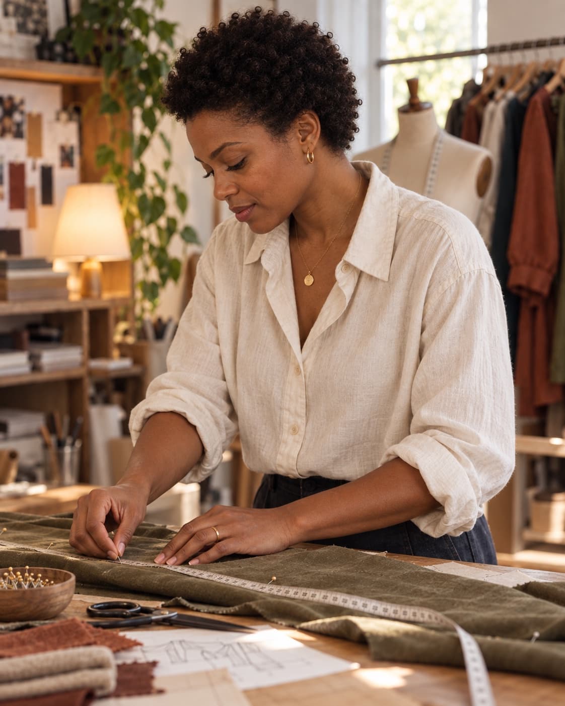 A fashion designer concentrates on measuring fabric at her studio cutting table.