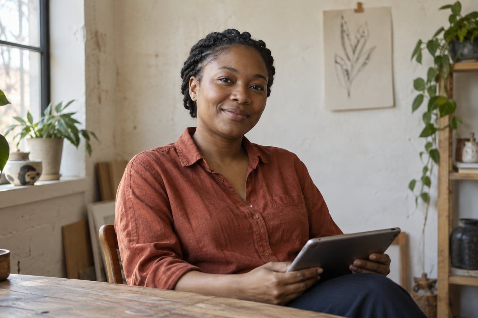 A course creator holding a tablet in a softly lit studio.