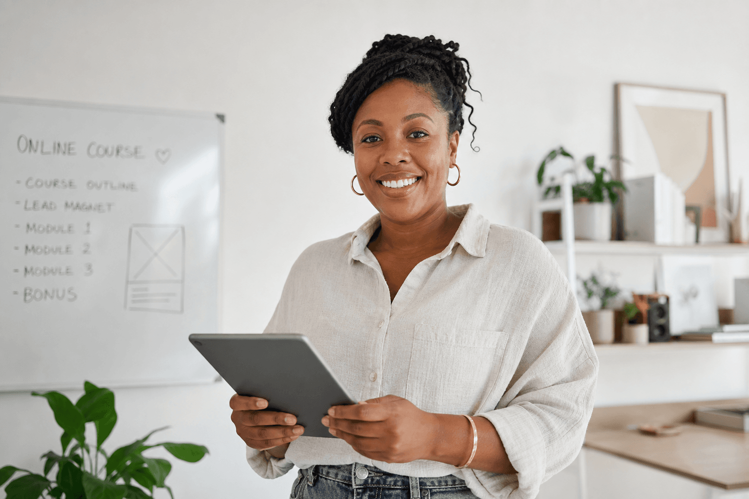 A course creator smiling while planning an online course on a tablet.