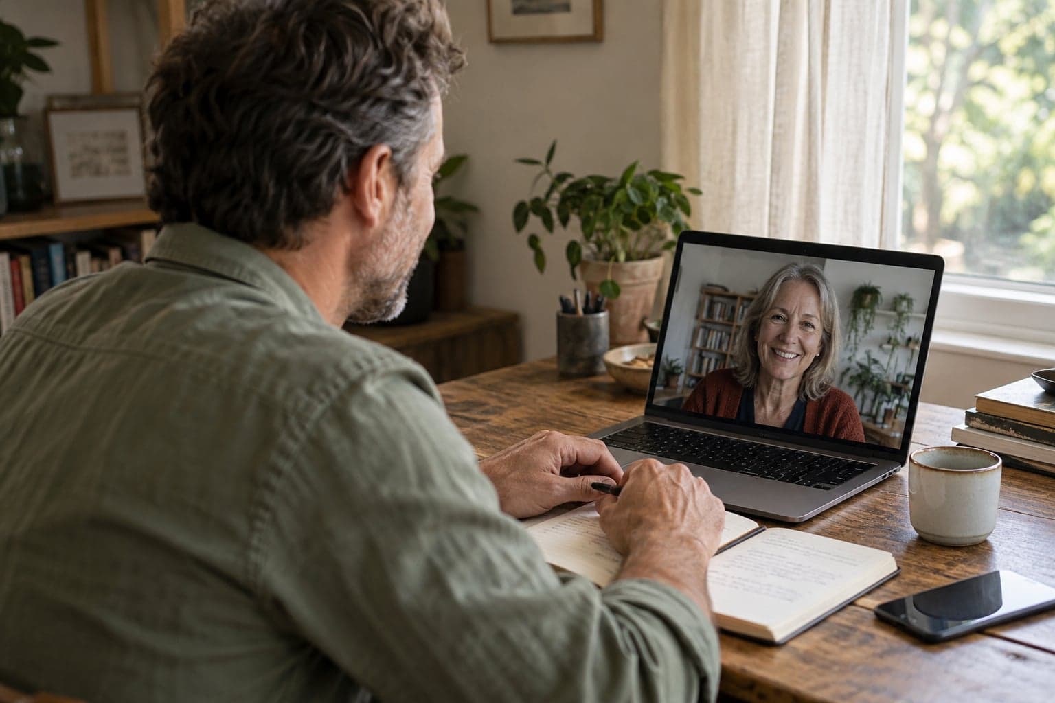 A coach taking part in a laptop video call at a wooden desk.