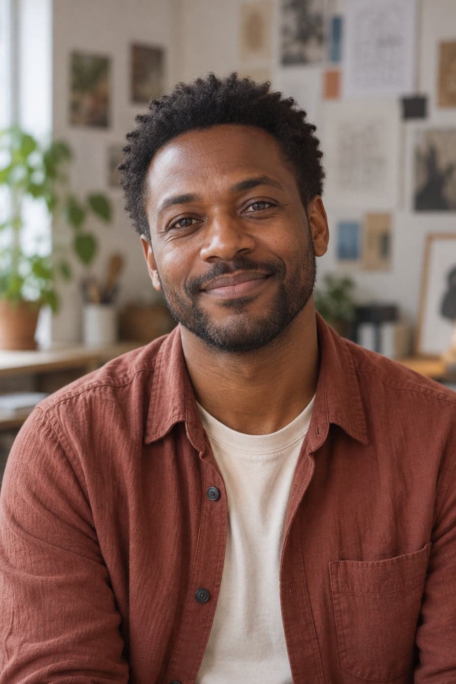 Illustrative portrait of Matt, a designer, smiling in his studio.