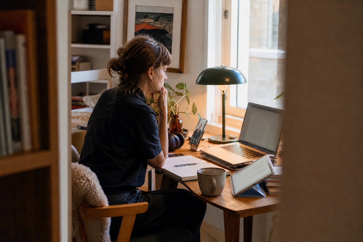 An independent expert planning a course in a warm home studio.