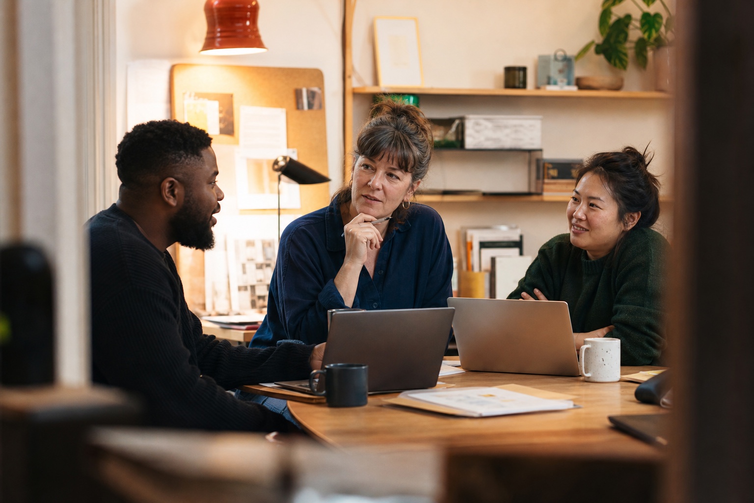 Three colleagues collaborating around a table with a laptop and notes.