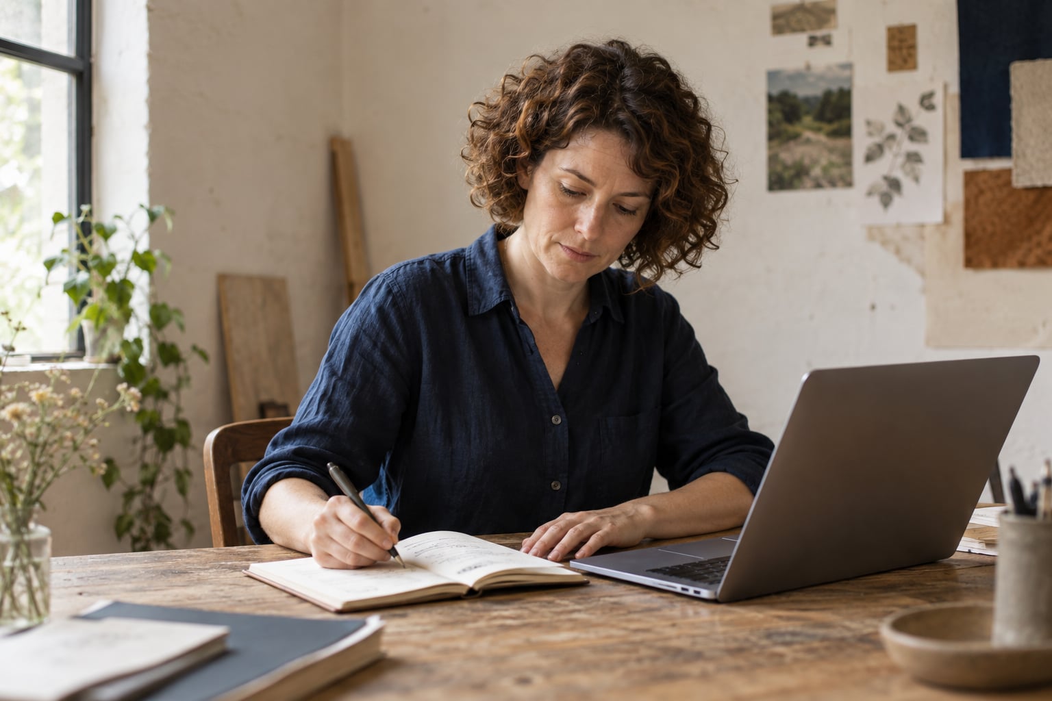 A woman drafting lesson ideas in a notebook beside her laptop.